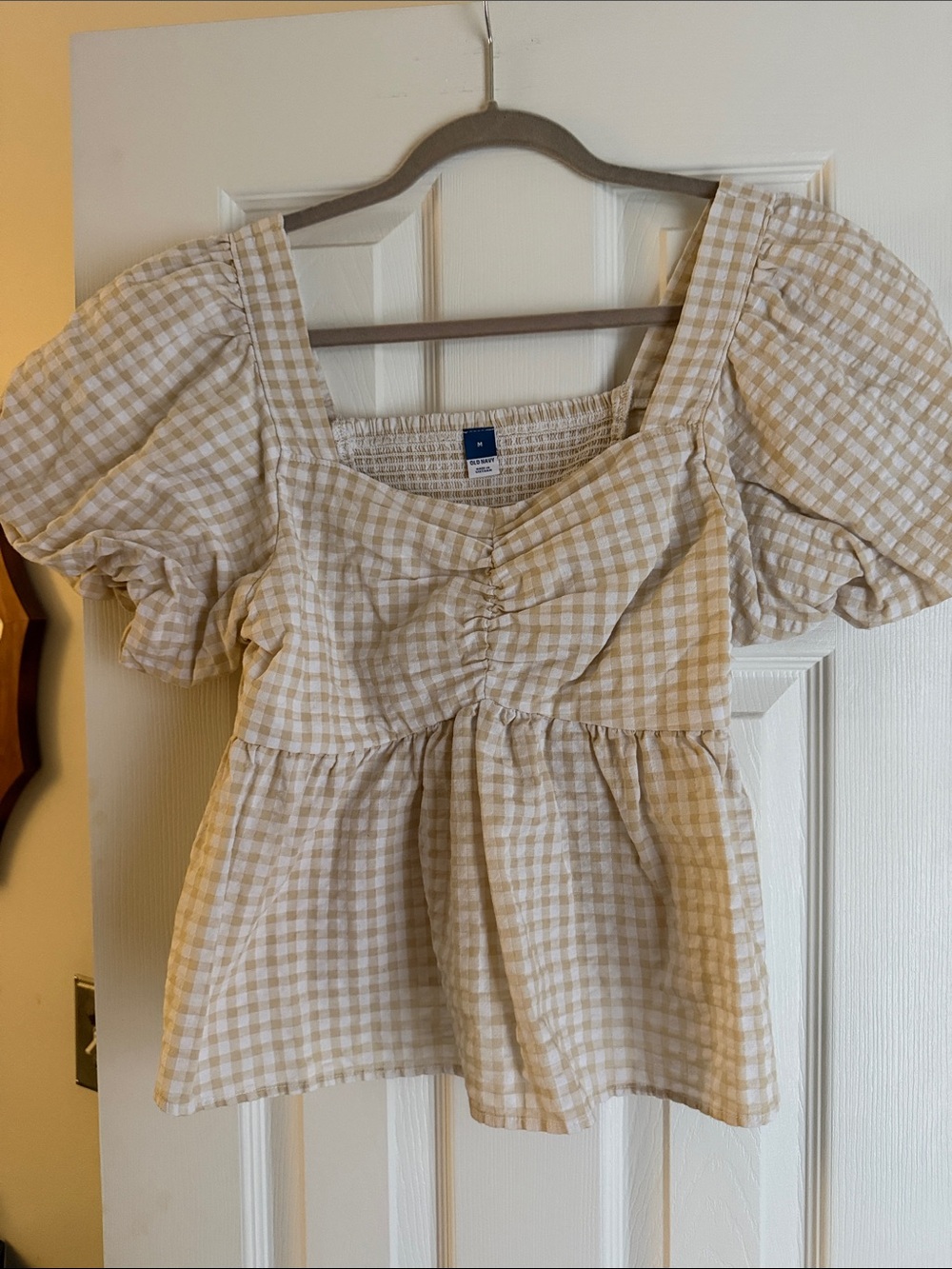 Old Navy Beige Gingham Puff-Sleeve Peplum Blouse